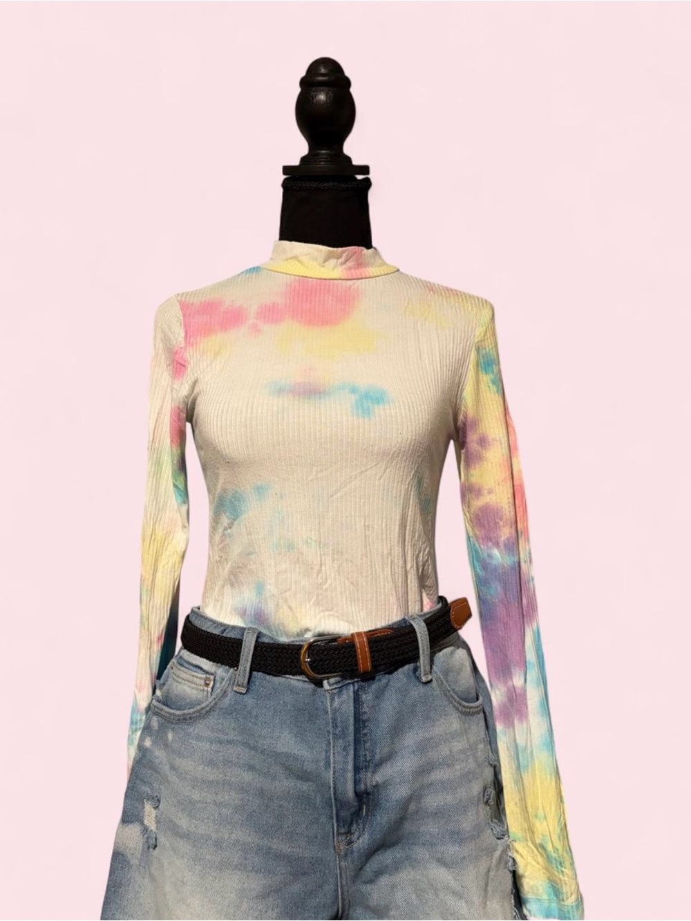 Love Streak mock neck rib knit tie-dye shirt Size M